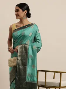 Saree Swarg Teal Green Ethnic Motifs Silk Blend Banarasi Sarees