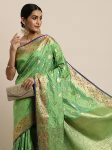 Saree Swarg Green & Golden Ethnic Motifs Silk Blend Banarasi Sarees