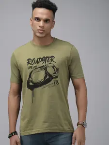 Roadster Men Olive Green & Black Brand Logo Printed Pure Cotton T-shirt