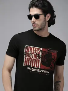 Roadster Men Black & Maroon Biker Printed Pure Cotton T-shirt