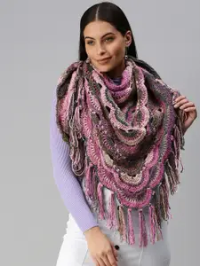 Magic Needles Women Pink & Grey Woven Design Poncho
