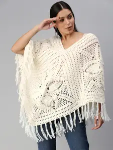 Magic Needles Women White Woven Design Handmade Poncho