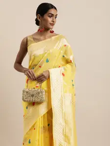 Saree Swarg Yellow & Red Floral Woven Design Banarasi Sarees