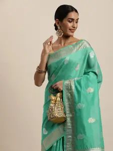Saree Swarg Green & Golden Ethnic Motifs Woven Design Banarasi Sarees