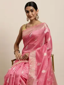 Saree Swarg Pink & Gold-Toned Ethnic Motifs Woven Design Banarasi Sarees