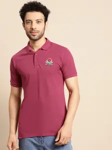 United Colors of Benetton Men Maroon Brand Logo Printed Polo Collar Pure Cotton T-shirt