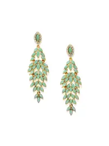Mahi Gold-Plated Green & White Crystals Leaf Shaped Drop Earrings