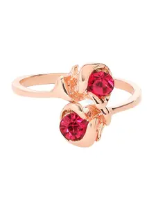 Mahi Rose Gold-Plated Red Crystal Blooming Rose Adjustable Ring