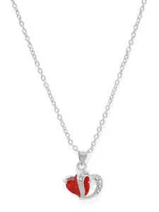 Mahi Silver-Toned Rhodium-Plated Red Crystal-Studded Heart Shape Pendant with Chain