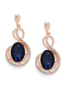 Mahi Rose Gold-Plated Blue & White Crystals Contemporary Drop Earrings