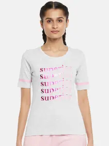 Ajile by Pantaloons Women Grey Melange & Pink Typography Printed T-shirt