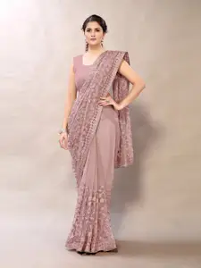 Sangria Pink Floral Net  Embroidered Heavy Work Saree