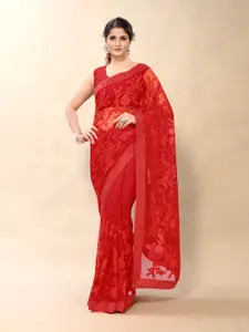 Sangria Red Floral Embroidered Net Heavy Work Saree