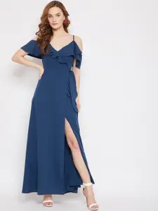 Berrylush Women Blue Solid Crepe Wrap Dress