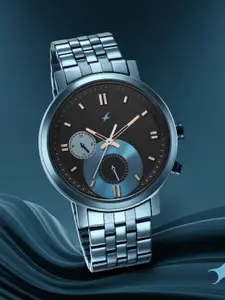 Fastrack Men Black Brass Dial & Blue Bracelet Style Straps Analogue Wrist Watch