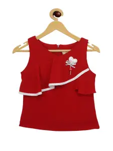 Tiny Girl Girls Maroon Solid Regular Top With Applique & Ruffles