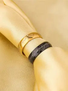 Yellow Chimes Men Set Of 2 Gold-Toned & Black Stainless Steel Lord of The Rings Finger Rings