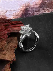 Yellow Chimes Silver-Plated White Crystal-Studded Floral Design Ring