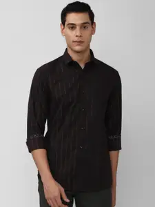 V Dot Men Black & Brown Slim Fit Striped Pure Cotton Casual Shirt