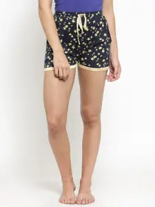 Boston Club Women Navy Blue & Yellow Printed Cotton Lounge Shorts