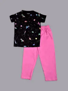 Taatoom Girls Pink & Black Printed Night suit
