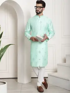 SOJANYA Men Sea Green Embroidered Mirror Work Kurta with Pyjamas