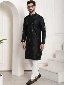 SOJANYA Men Black Mirror Work Kurta with Churidar