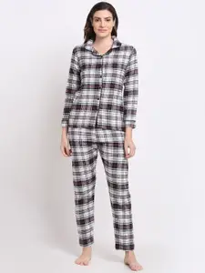 Kanvin Women White & Grey Checked Pure Cotton Night suit