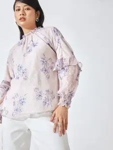 The Label Life Purple Floral Print Ruffled Sleeve Georgette Top