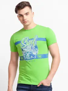Globus Men Green Typography Printed Pure Cotton Slim Fit T-shirt