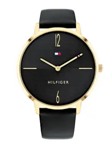 Tommy Hilfiger Women Gold-Toned Dial & Black Leather Straps Analogue Watch