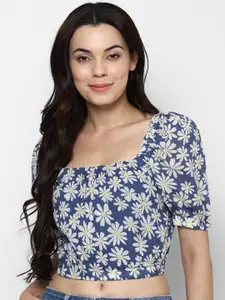 AMERICAN EAGLE OUTFITTERS Women Blue Floral Printed Fitted Cotton Crop Top