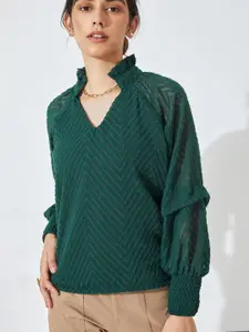 The Label Life Green Striped Bishop Sleeves Ruffle Collar Knitted Top