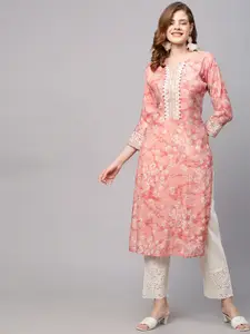 FASHOR Women Pink Floral Printed Thread Work Cotton Silk Kurta