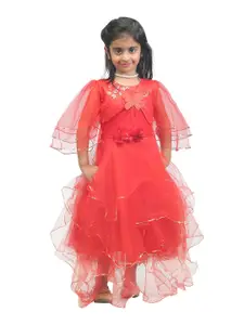 ahhaaaa Girls Red Embellished Net Dress