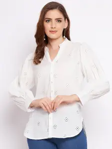 Ruhaans Women White Classic Schiffli Cotton Casual Shirt