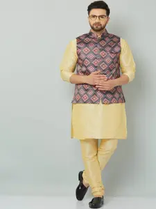 Kaifoo Men Gold-Toned & Blue Silk Blend Solid Kurta Set
