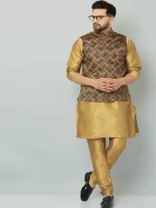 Kaifoo Men Gold-Toned Kurta Set  With Printed Nehru Jacket