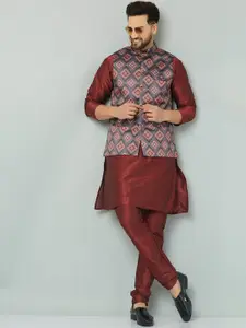 Kaifoo Men Maroon Solid Kurti Set With Printed Nehru Jacket