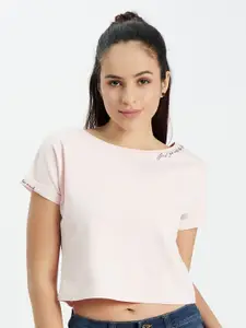 EDRIO Pink Short Sleeves Pure Cotton Knitted Crop Top