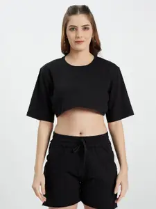 EDRIO Black Loose Fit Pure Cotton Knitted Crop Top