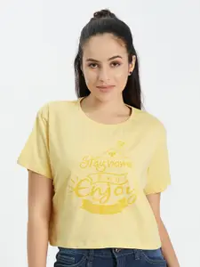 EDRIO Women Yellow Typography Printed Pure Cotton Crop T-shirt