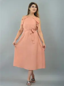 IQRAAR Women Peach-Coloured Solid Off-Shoulder Fit And Flare Dress
