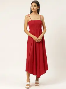 IQRAAR Red Solid Smocked Asymmetric Midi Fit & Flare Dress