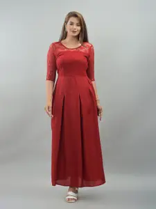 IQRAAR Red Self Designed Round Neck Maxi Dress