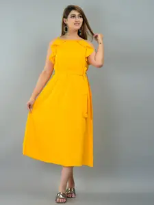IQRAAR Yellow Fit And Flare Midi Dress