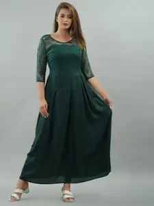 IQRAAR Green Embroidered Fit And Flare Maxi Dress