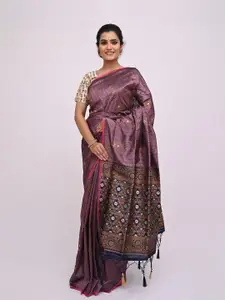 KAJREE Mauve & Navy Blue Ethnic Motifs Zari Pure Linen Tussar Saree