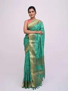 KAJREE Green & Gold-Toned Woven Design Zari Silk Blend Saree