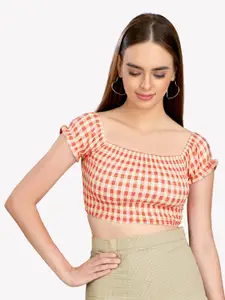 VASTRADO Women Peach-Coloured Checked Pure Cotton Crop Top